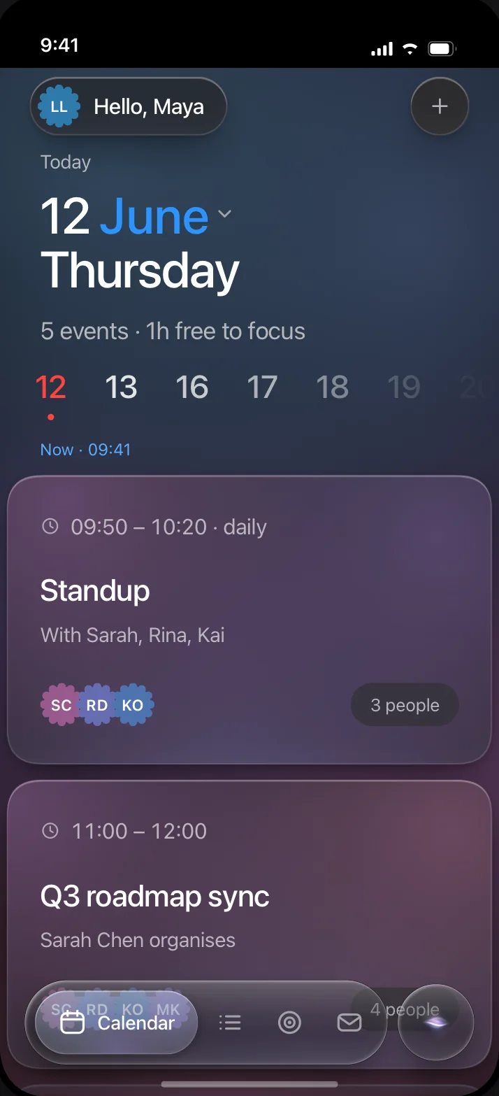 The calendar, dark theme