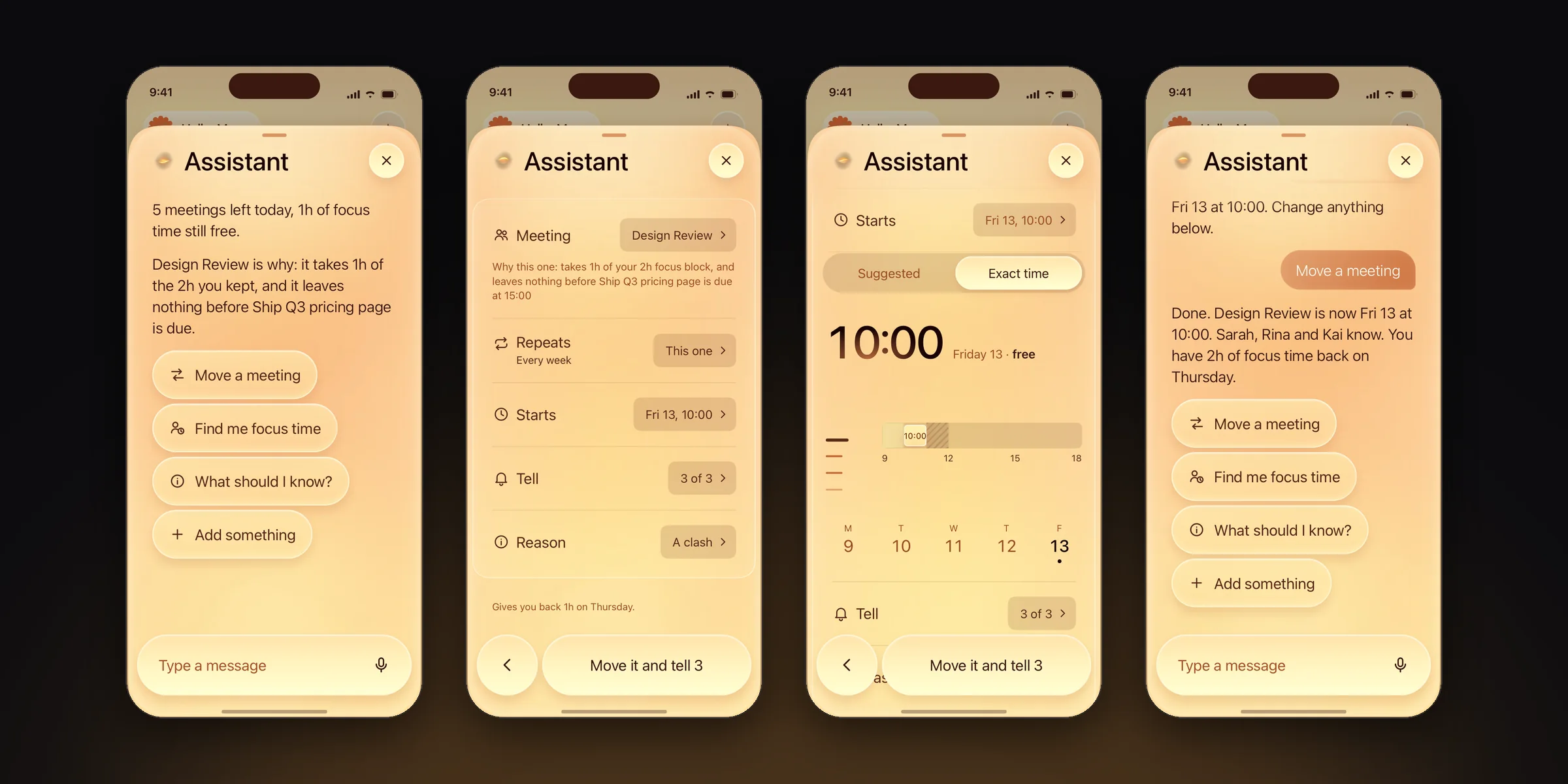 The Move a meeting flow in code, inside the assistant: the ask, the form it fills in, the exact time, the done state