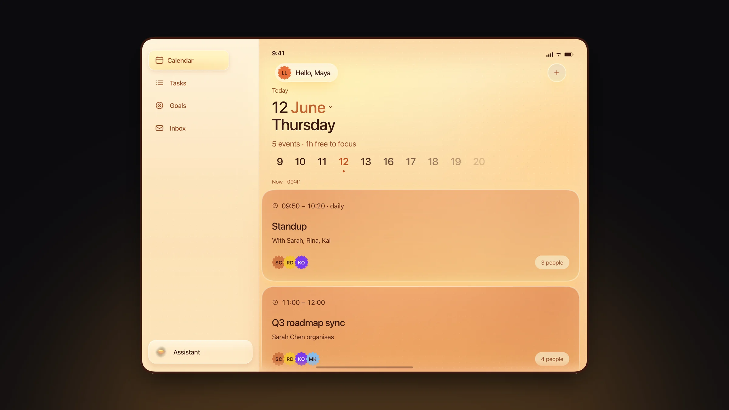 The calendar on iPad in landscape: the sidebar, the week and the day