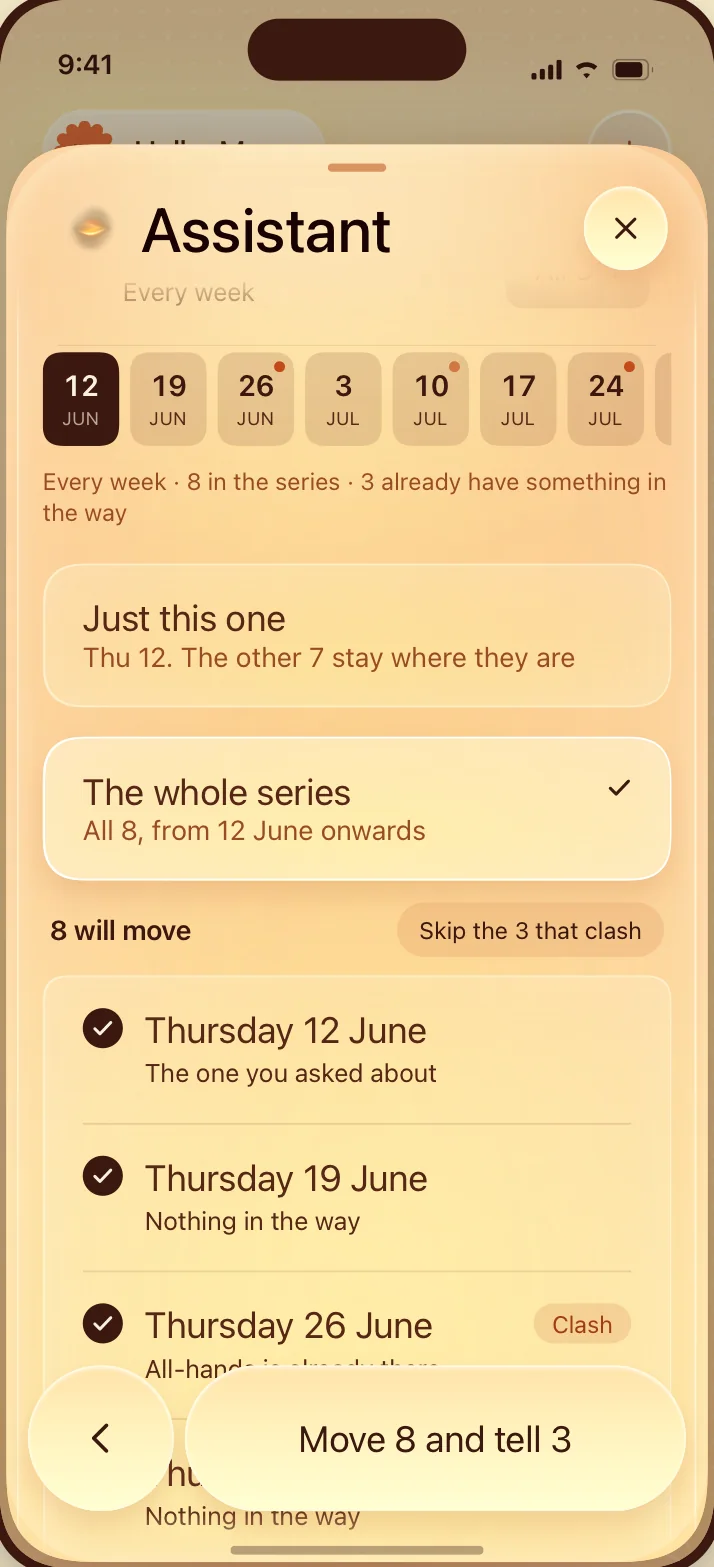 A repeating meeting: just this one, or the whole series of eight and the three that clash