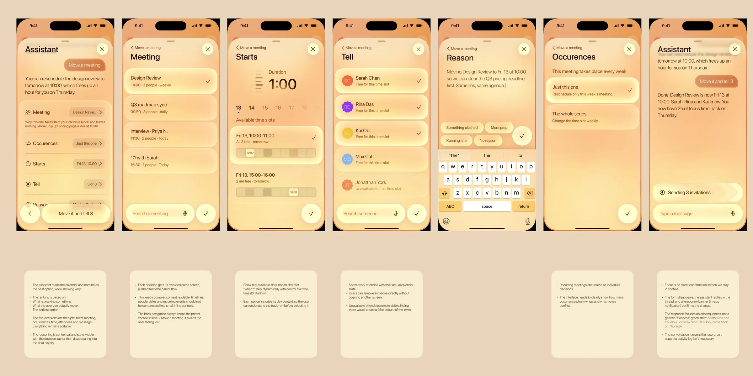 The Figma page: the Move a meeting flow, seven iPhone screens with their notes
