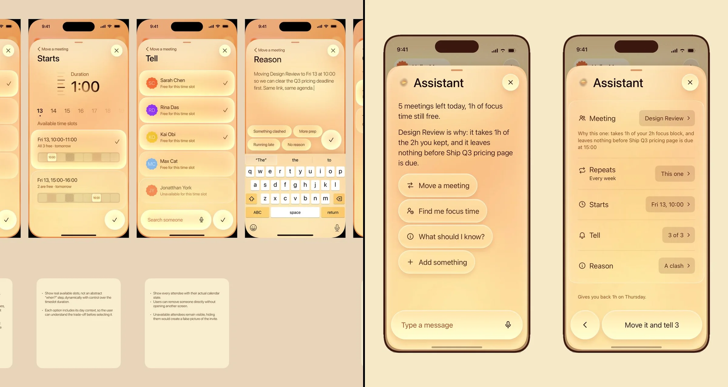 The Figma file beside the coded prototype: the Move a meeting flow, then the assistant and the form it fills in, running in code