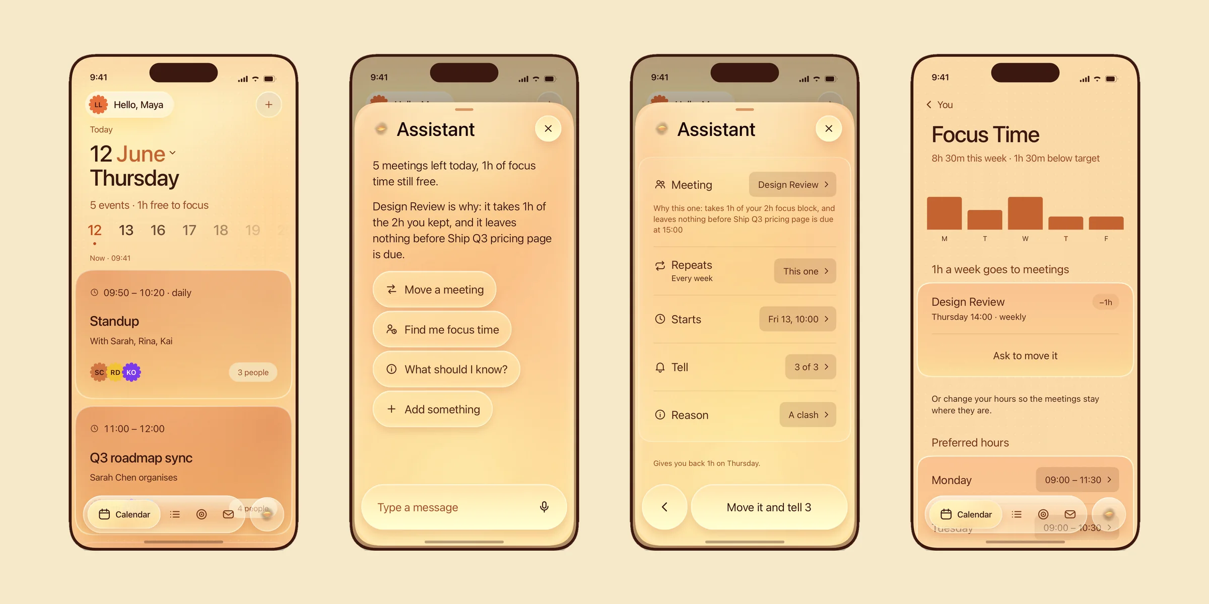The live prototype: four screens of the coded app, home, assistant, move a meeting, focus time