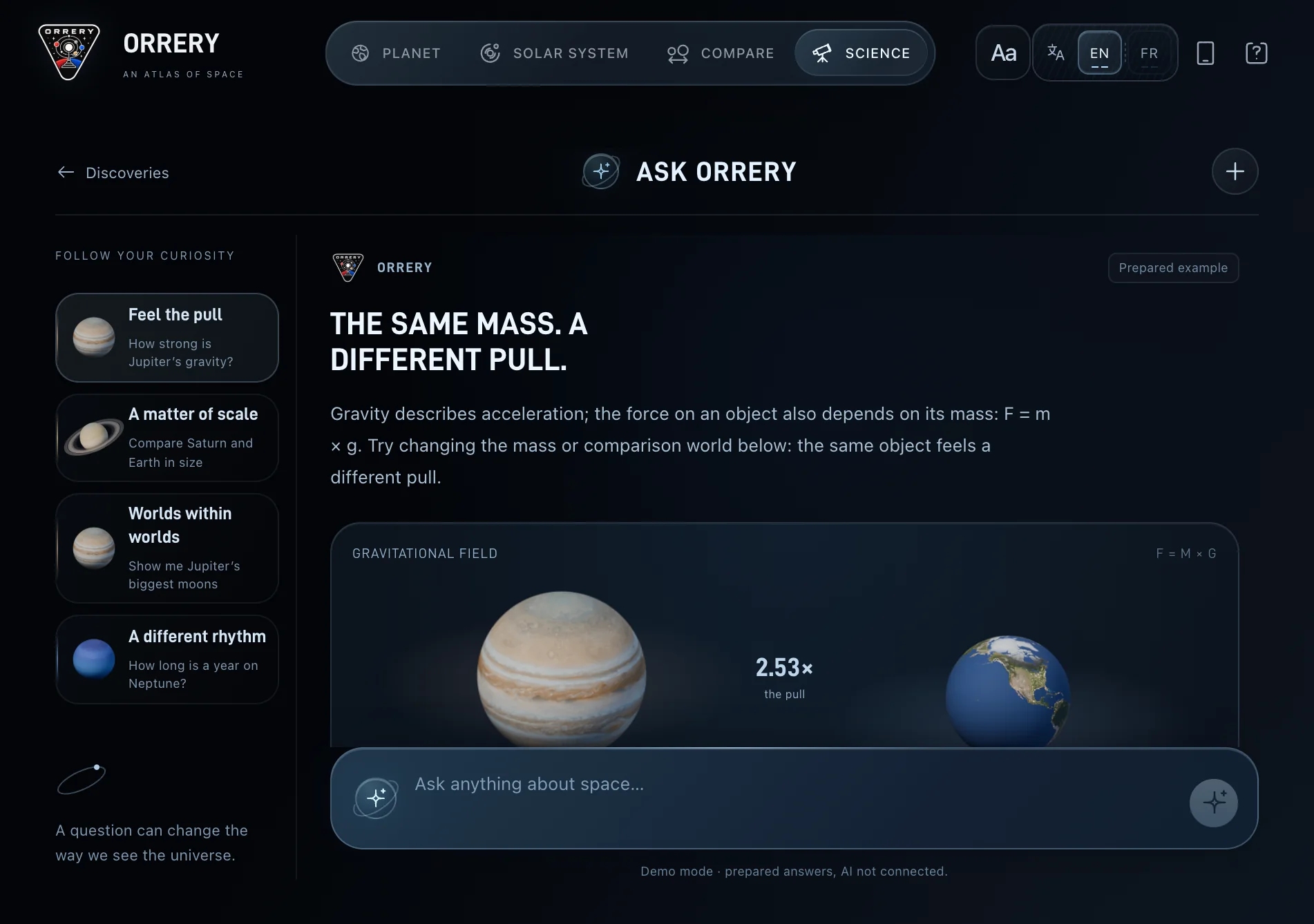 Ask Orrery: the same mass, a different pull, Jupiter’s gravity against Earth’s, 2.53 times
