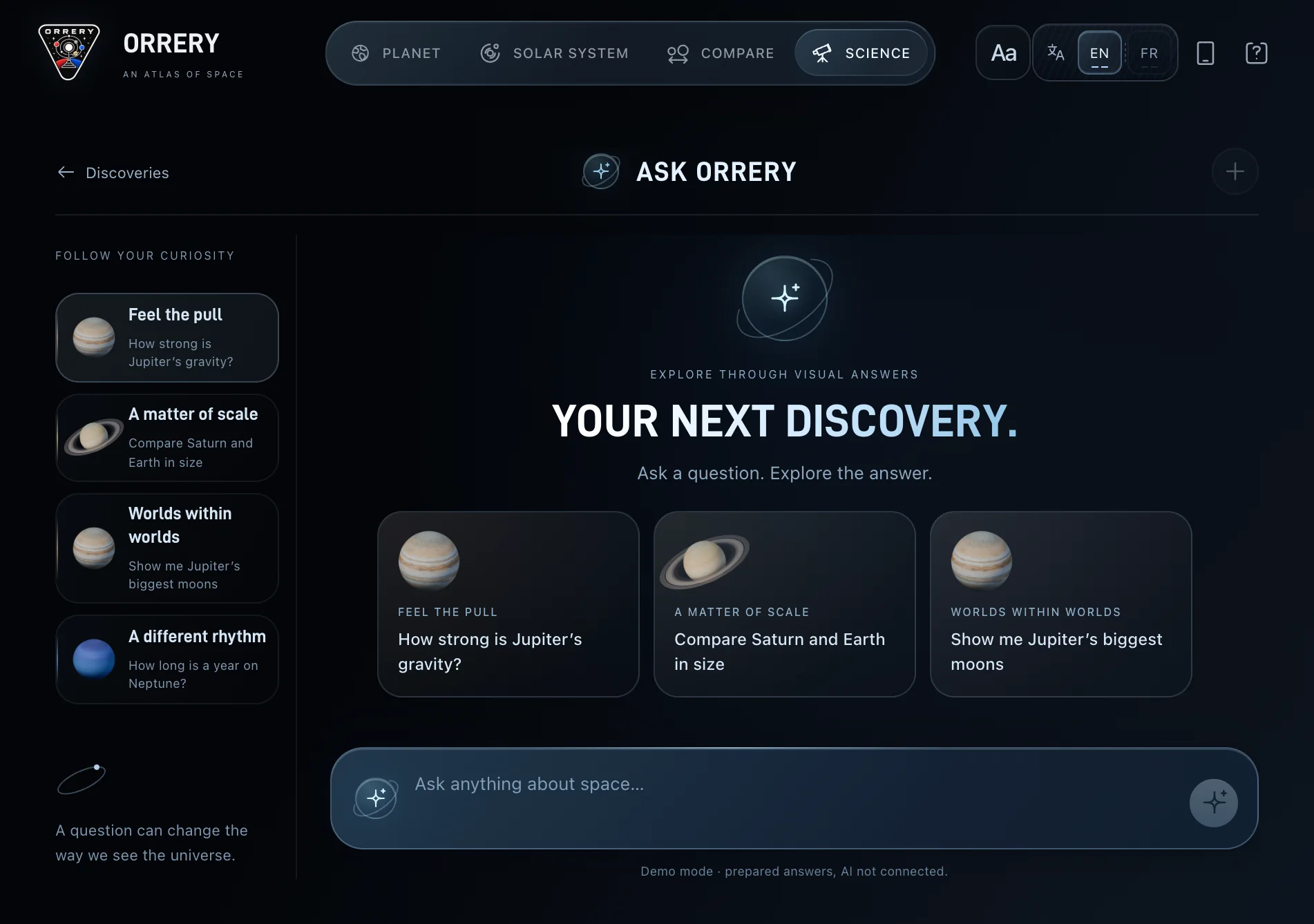 Ask Orrery: your next discovery, four questions to start from and a field to ask your own