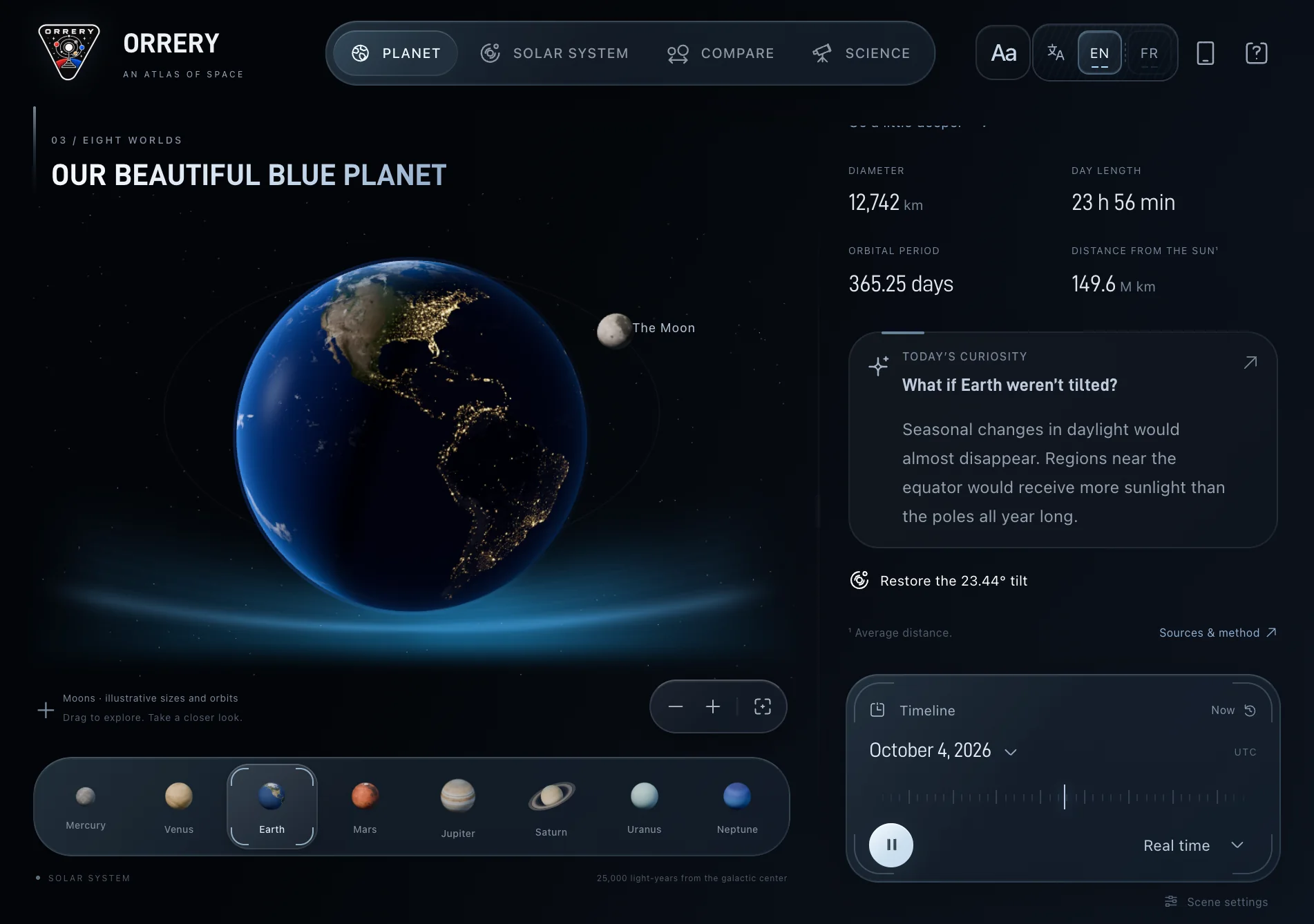 Today’s curiosity on Earth: what if Earth weren’t tilted? The axis straightened, with a button to restore the 23.44° tilt