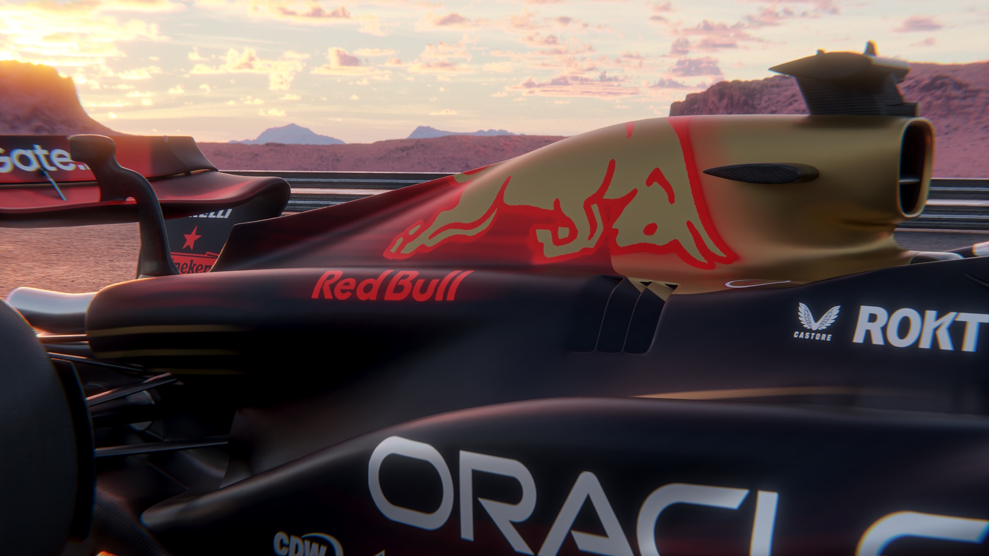 Nose close-up, the gold Red Bull on a red field