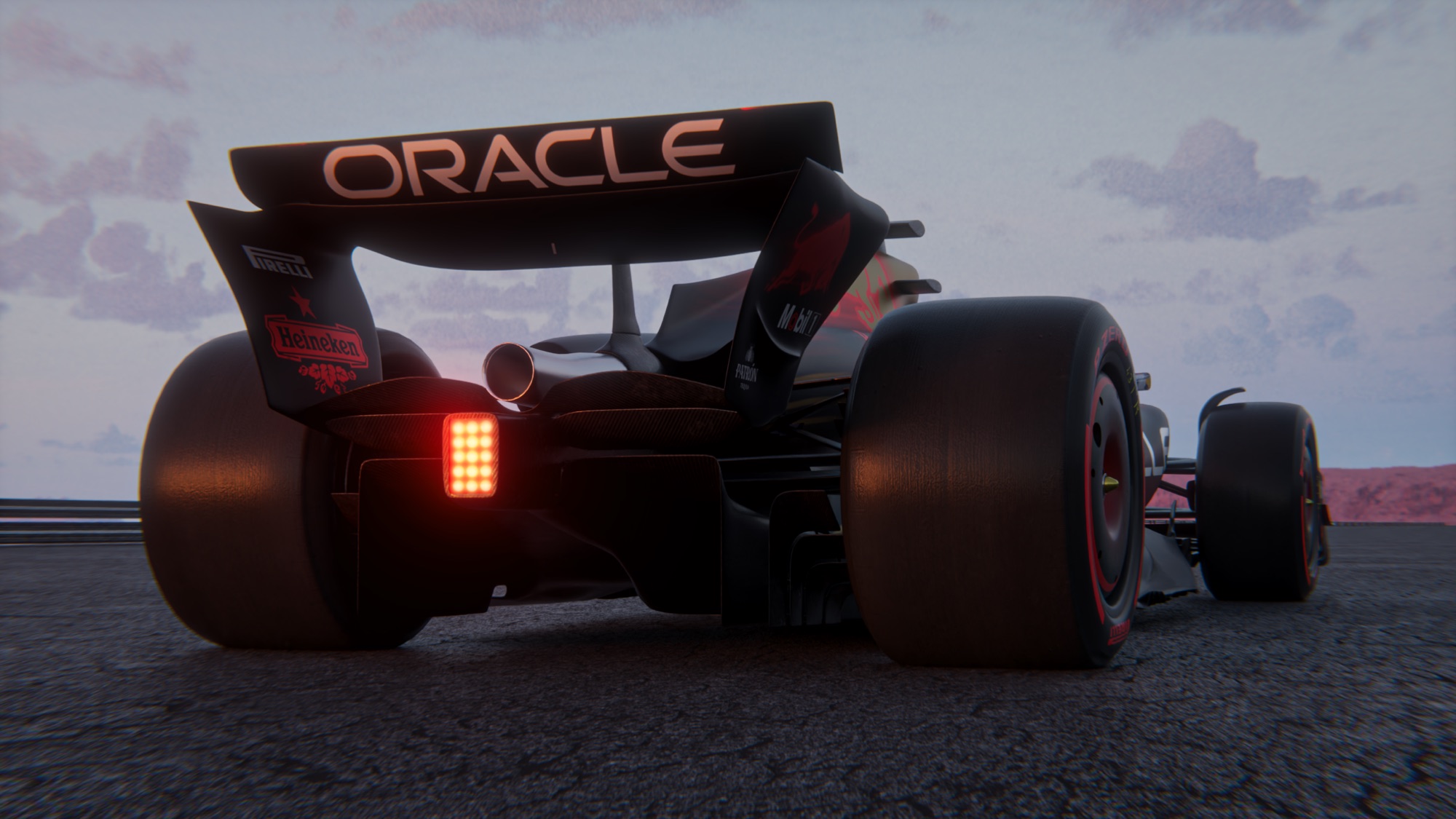 Rear view, Oracle rear wing, the rain light glowing red