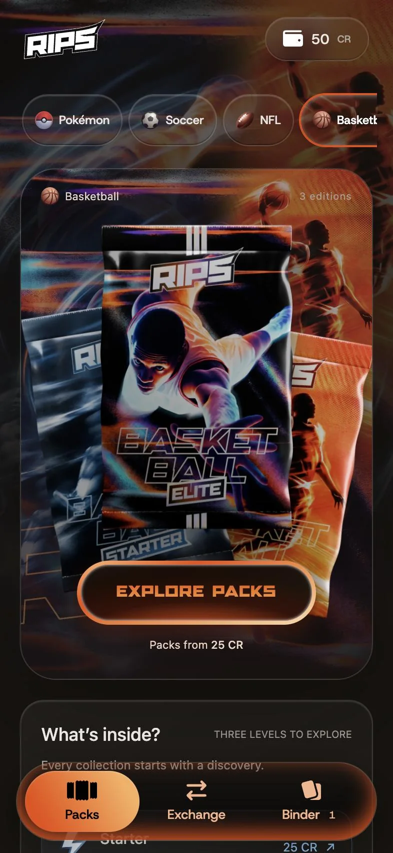 The basketball home, its three packs fanned out