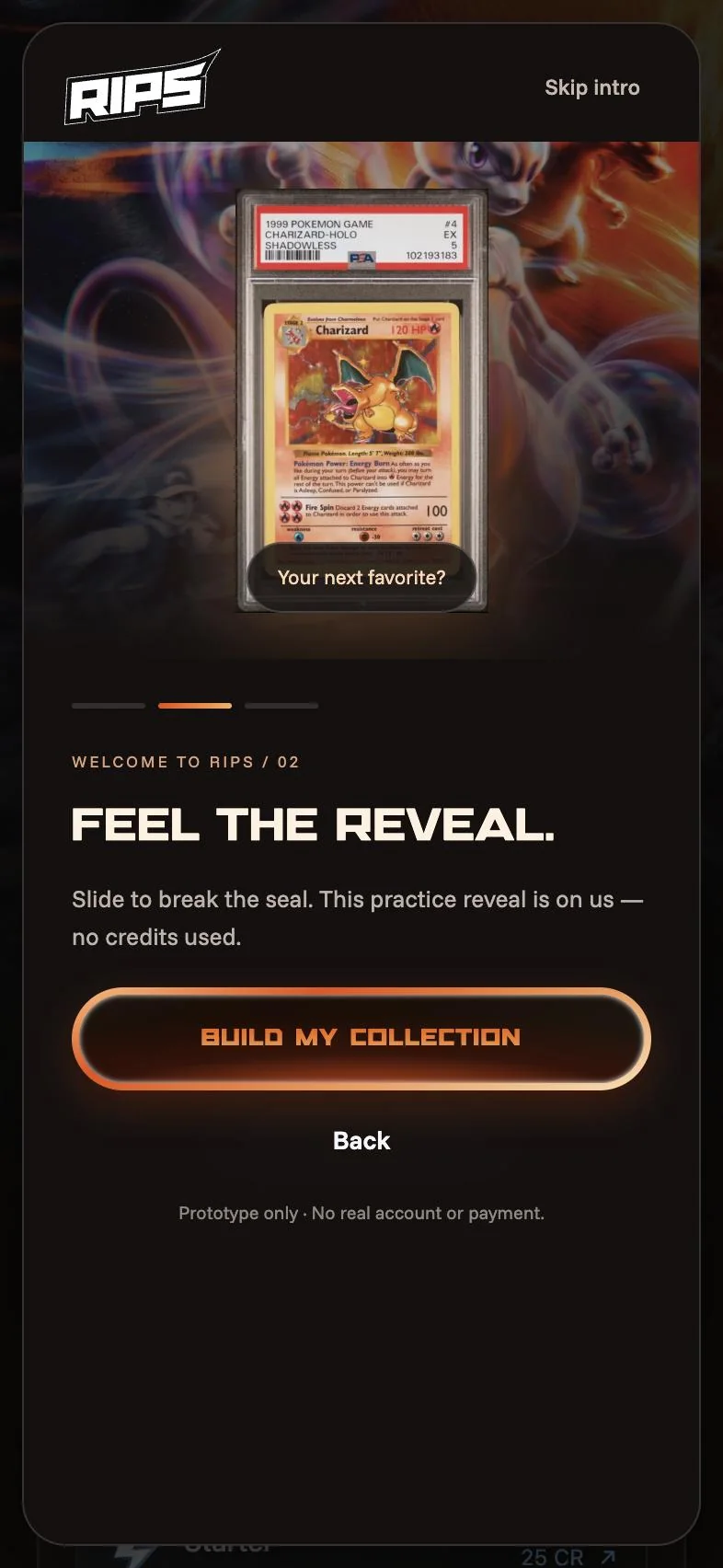 Onboarding, the practice reveal: a graded card, before any credit is spent